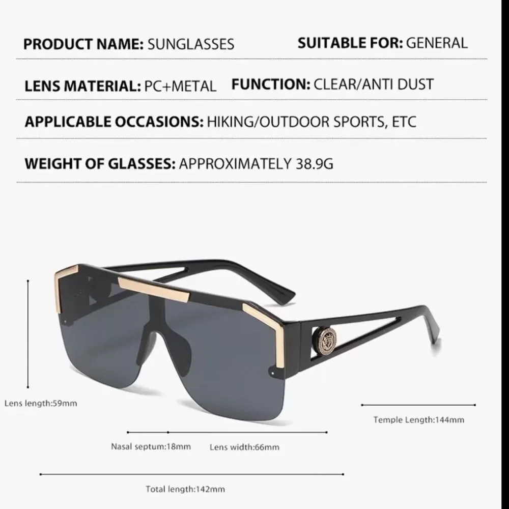 Oversized Black Shield Sunglasses with Gold Trim